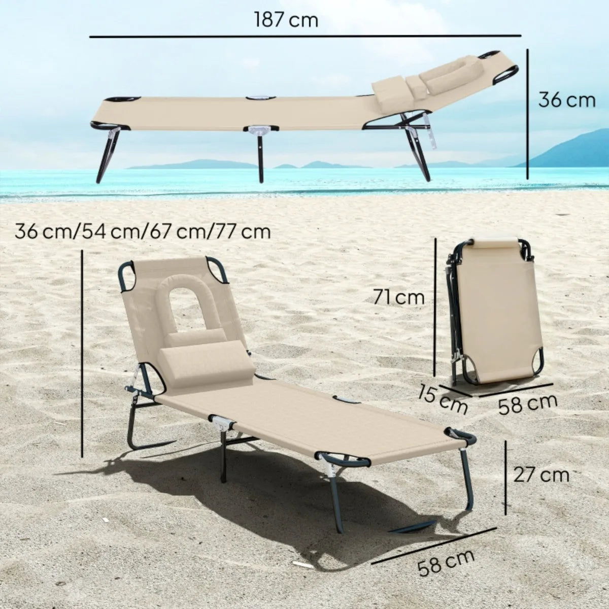 Beige Folding Sun Lounger with Face Hole & Cushion, Water-Resistant Cover, Metal Frame