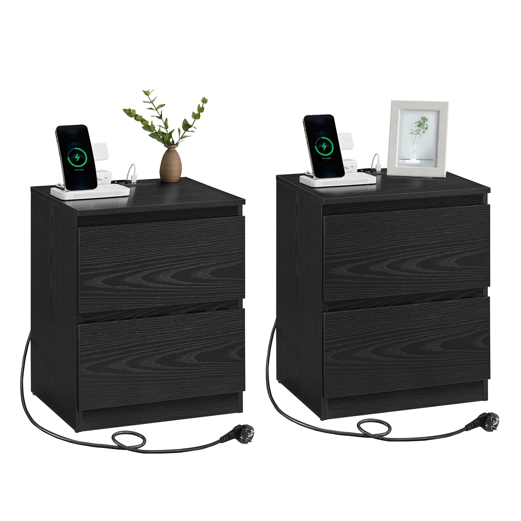 VASAGLE bedside table with sockets bar, set of 2, side table table, 2 drawers, 2 AC sockets, 1 USB-A ports