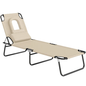 Beige Folding Sun Lounger with Face Hole & Cushion, Water-Resistant Cover, Metal Frame