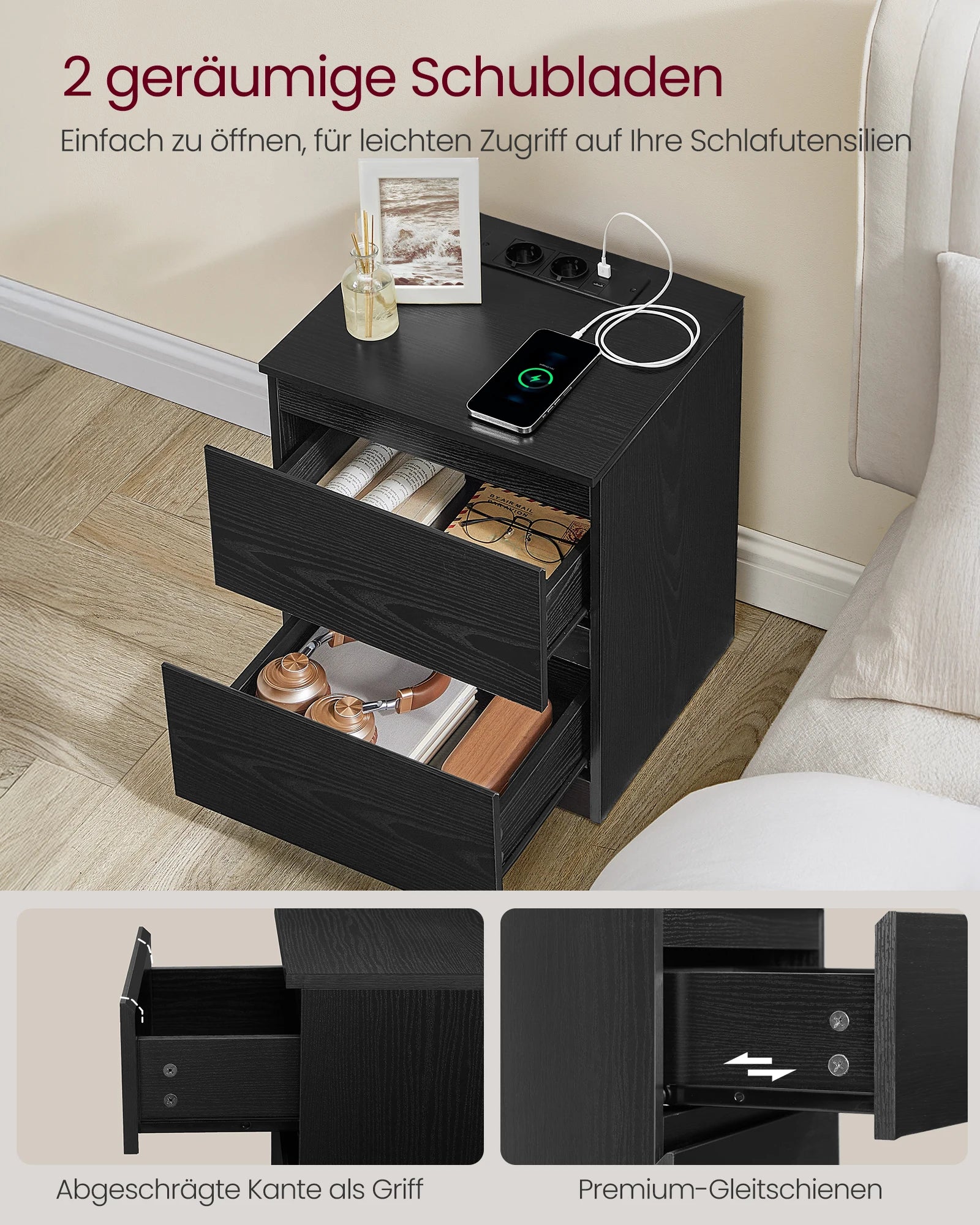 VASAGLE bedside table with sockets bar, set of 2, side table table, 2 drawers, 2 AC sockets, 1 USB-A ports