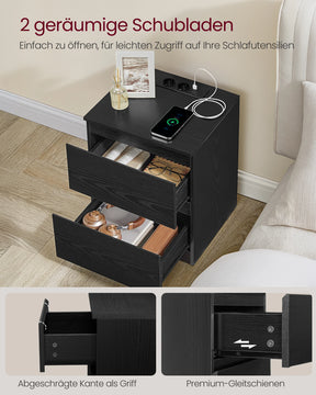 VASAGLE bedside table with sockets bar, set of 2, side table table, 2 drawers, 2 AC sockets, 1 USB-A ports