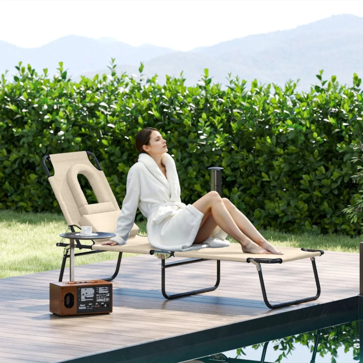 Beige Folding Sun Lounger with Face Hole & Cushion, Water-Resistant Cover, Metal Frame