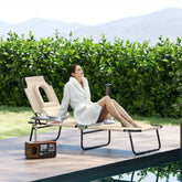 Beige Folding Sun Lounger with Face Hole & Cushion, Water-Resistant Cover, Metal Frame