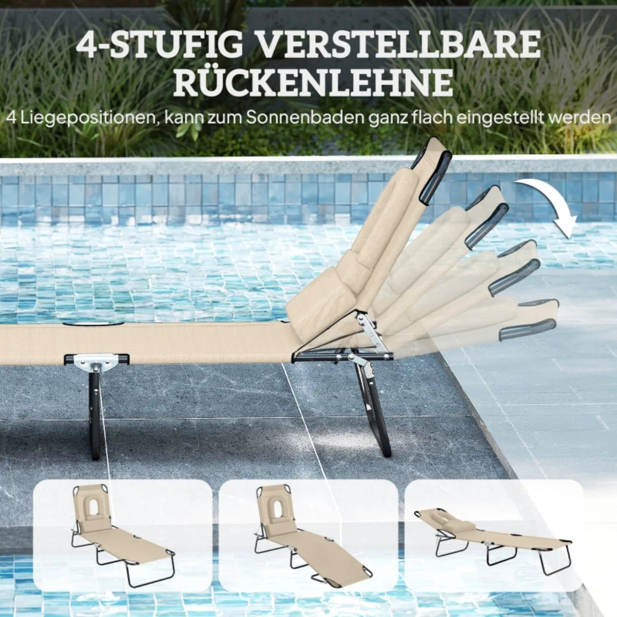 Beige Folding Sun Lounger with Face Hole & Cushion, Water-Resistant Cover, Metal Frame