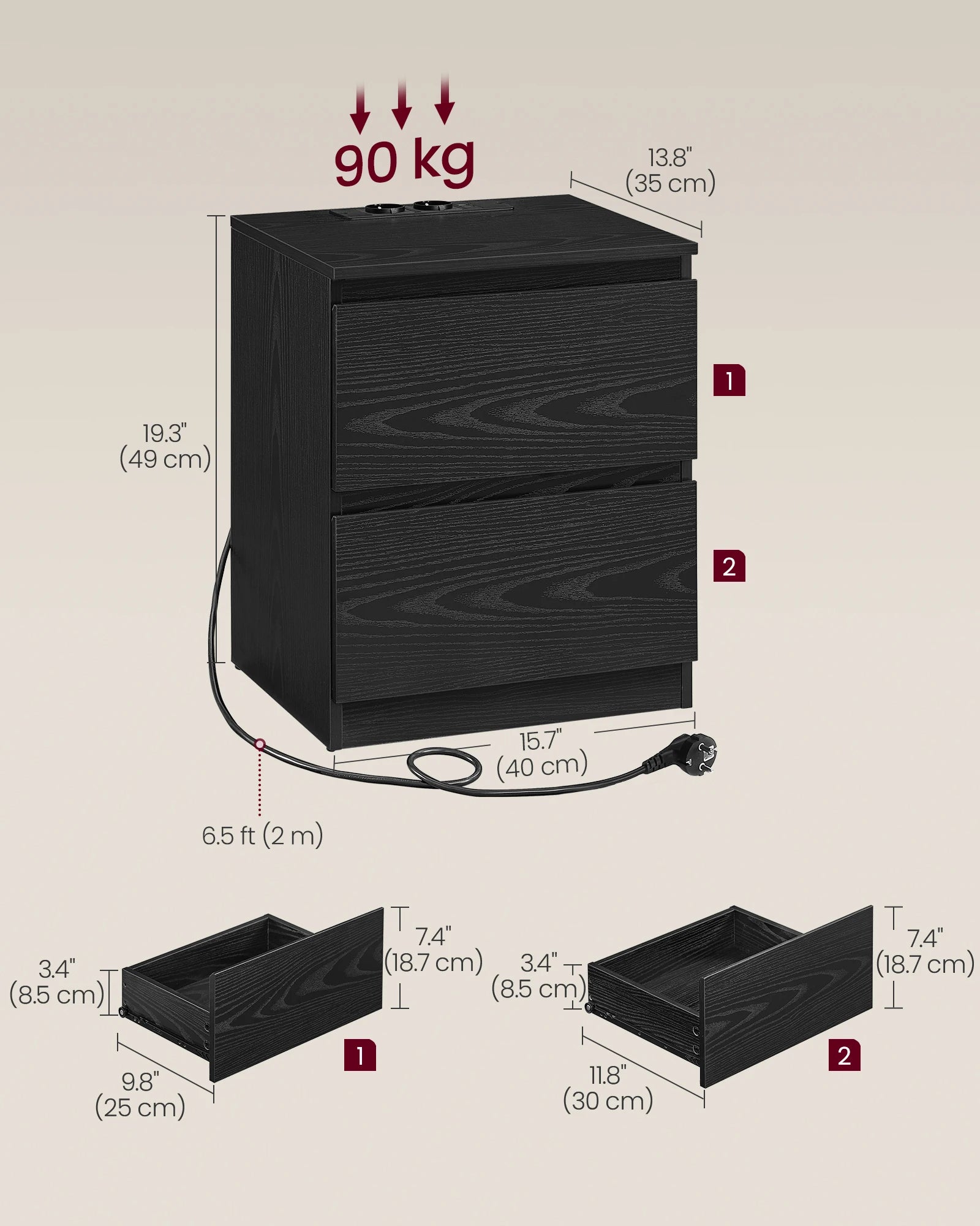VASAGLE bedside table with sockets bar, set of 2, side table table, 2 drawers, 2 AC sockets, 1 USB-A ports