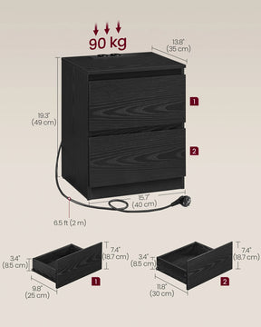 VASAGLE bedside table with sockets bar, set of 2, side table table, 2 drawers, 2 AC sockets, 1 USB-A ports