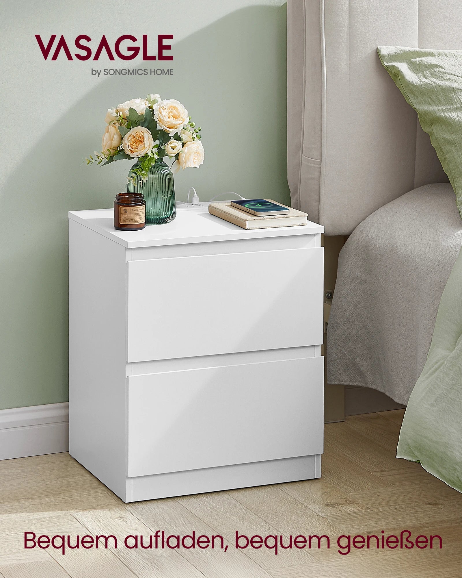 VASAGLE bedside table with sockets bar, set of 2, side table table, 2 drawers, 2 AC sockets, 1 USB-A ports