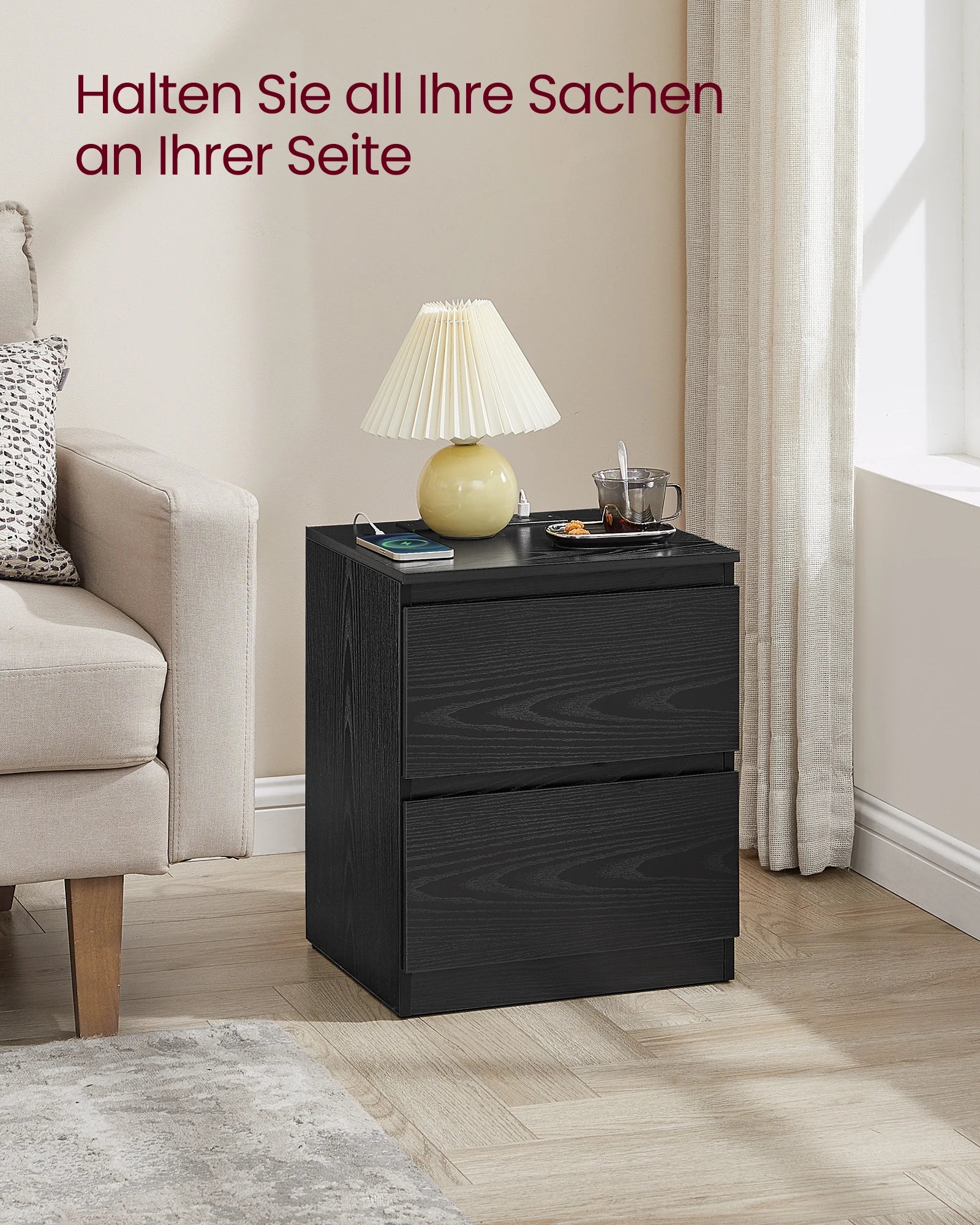 VASAGLE bedside table with sockets bar, set of 2, side table table, 2 drawers, 2 AC sockets, 1 USB-A ports