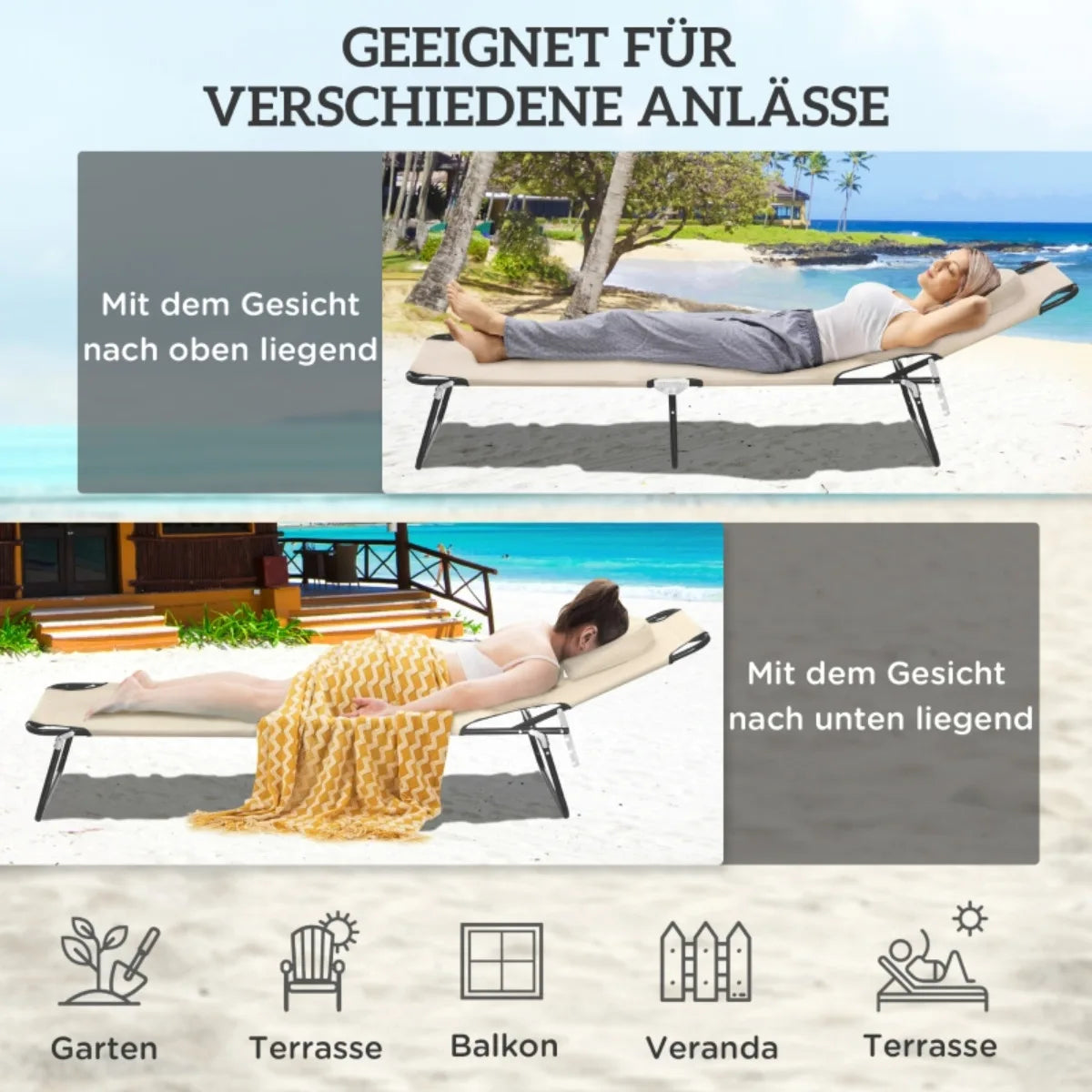 Beige Folding Sun Lounger with Face Hole & Cushion, Water-Resistant Cover, Metal Frame