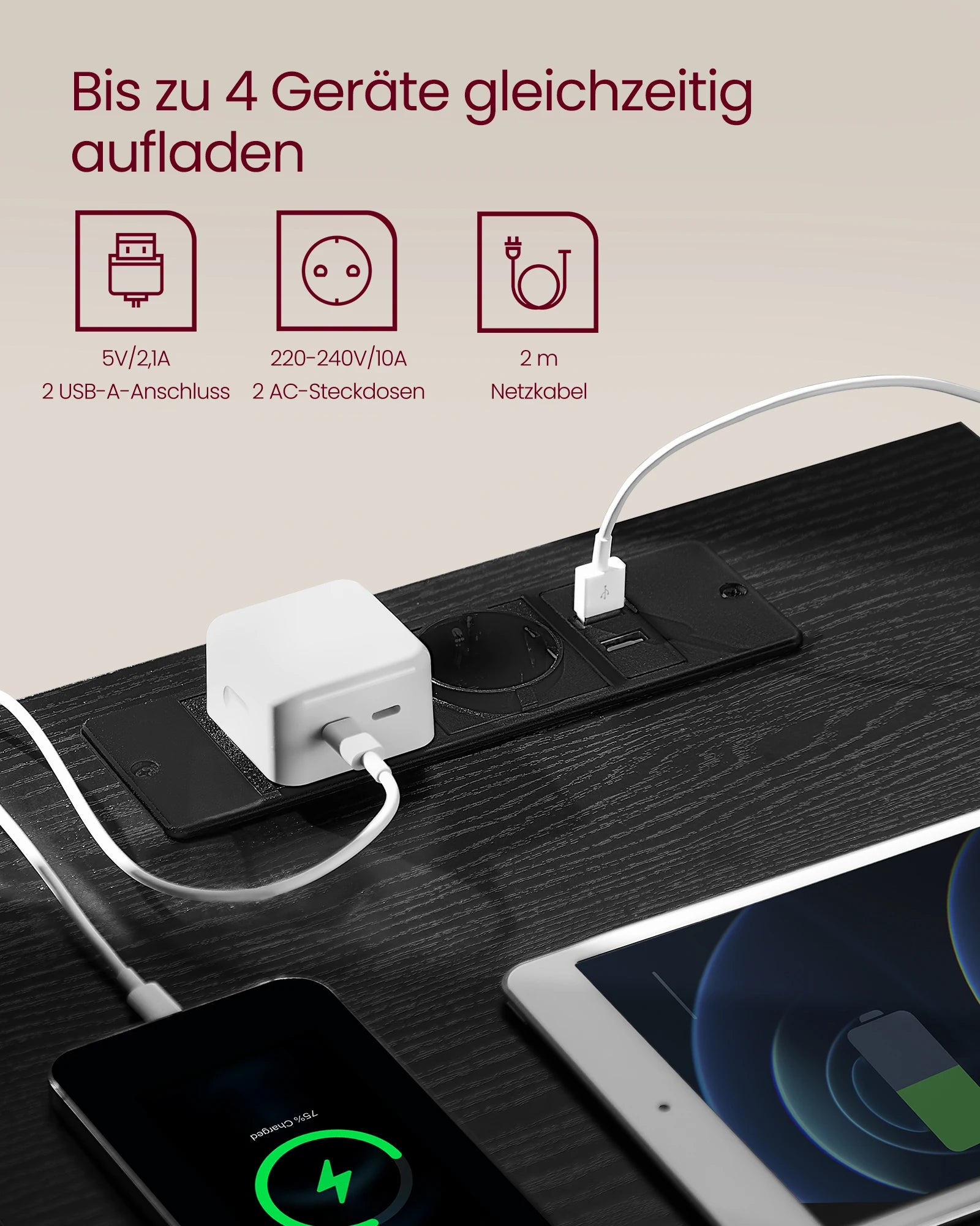 VASAGLE bedside table with sockets bar, set of 2, side table table, 2 drawers, 2 AC sockets, 1 USB-A ports
