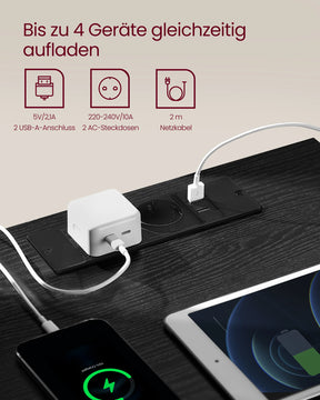 VASAGLE bedside table with sockets bar, set of 2, side table table, 2 drawers, 2 AC sockets, 1 USB-A ports